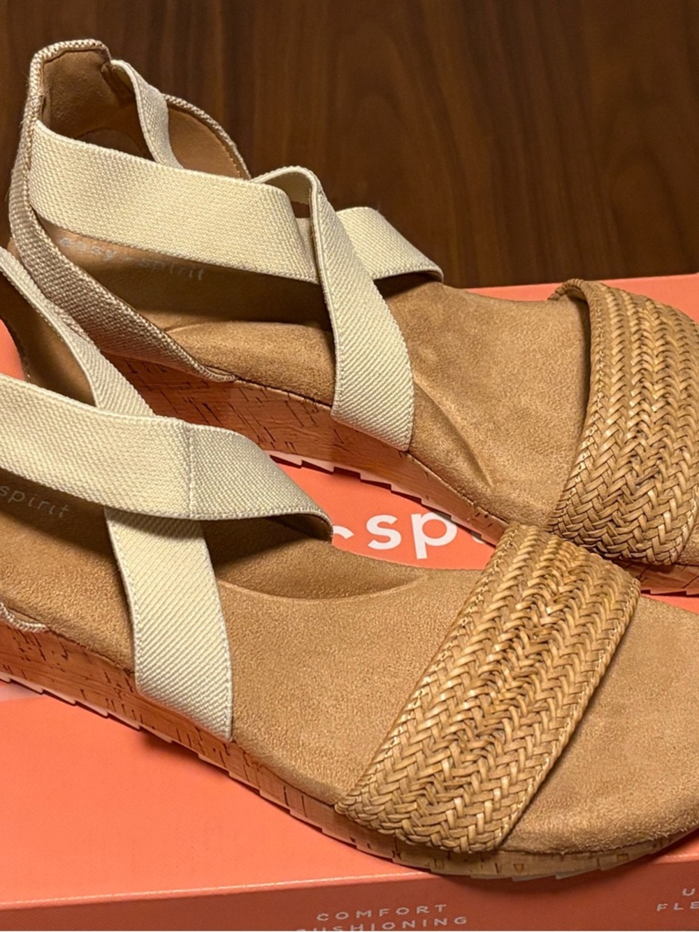 Easy Spirit Tan Woven Wedge Sandals with Cream Elastic Straps
